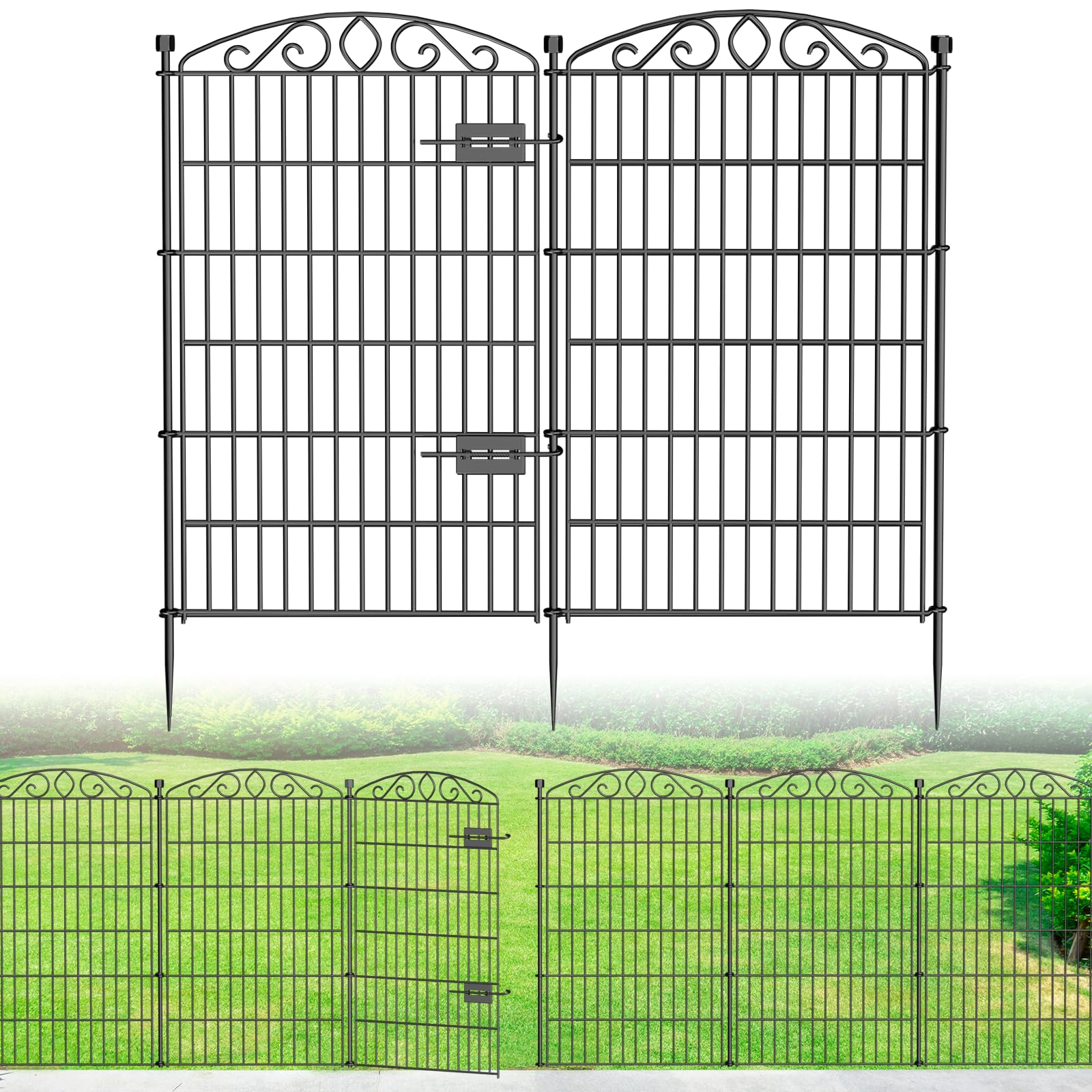 12-teiliger dekorativer Gartenzaun ohne Graben mit Tür – 107 cm hoch / 8.1 m lang. Hoher Metall Tierbarriere für Hunde & Kaninchen, rostfrei Metall-Schutzzaun für Blumenbeet, Hof, Terrasse