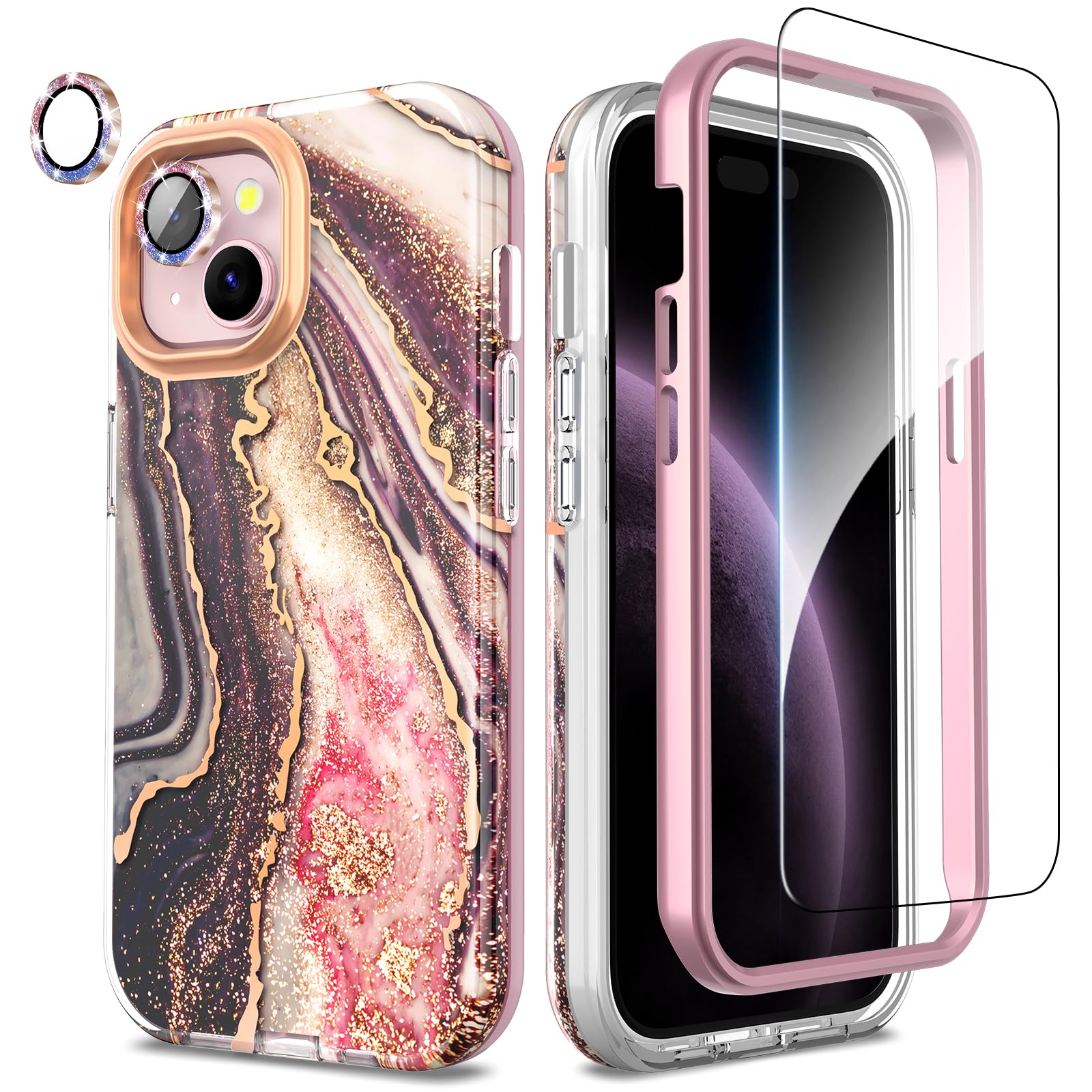 SHEDEER for iPhone 15 Case with Glitter Camera Protector + Screen Protector, Chic Anti-Yellowing Pattern, Shockproof Drop Protection Anti-Scratch Phone Cover iPhone 15 6.1'', Distant Black
