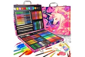 Cokiki Art Supplies,184-Piece Art Sets for Girls Ages 6-12,Unicorn Pink Princess Christmas Birthday Drawing Art Kit with Colored Pencils,Crayons,Oil Pastels,Watercolor Paint Set for Kids Girls Teens