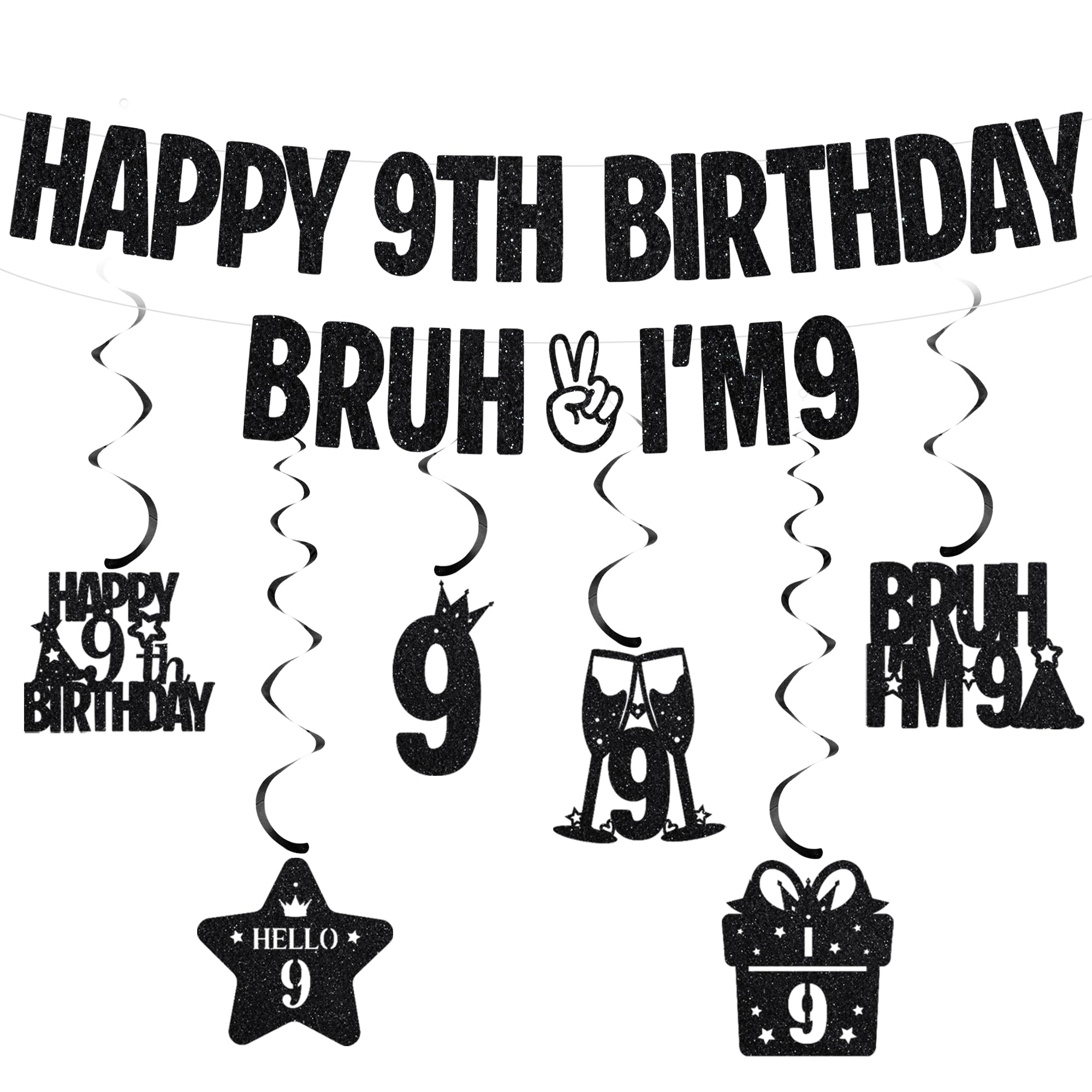 Happy 9th Birthday Banner Decorations - Glitter Bruh I’m 9 Banners with Hanging Swirls, Black Funny Birthday Party Supplies for Boys and Girls