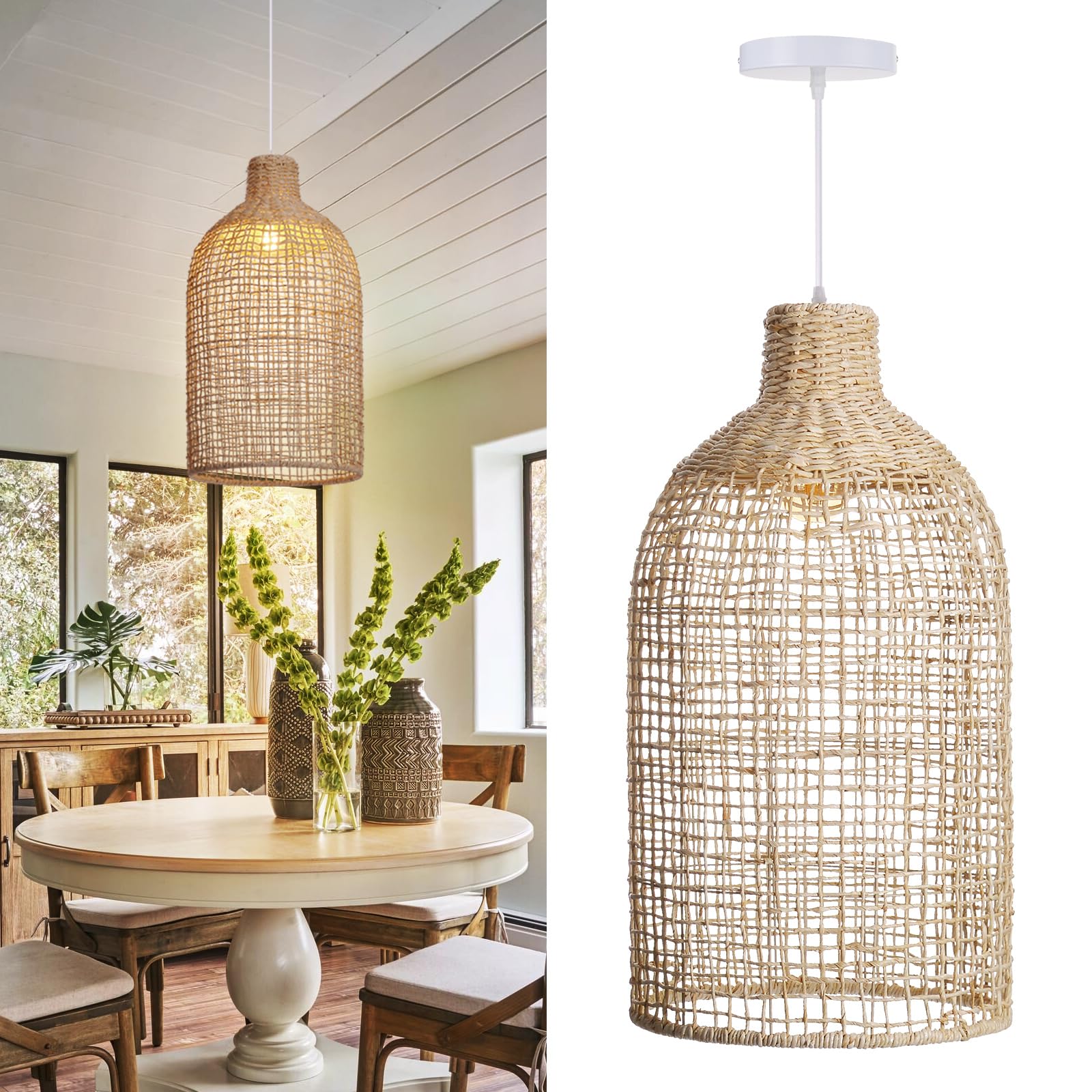 Photo 1 of **MISSING INSTRUCTIONS ** Arturesthome 1 Light Rattan Pendant Lights Boho Chandelier Lighting Fixture,Woven Swag Light Ceiling Hanging Lamp for Dining Room,Hallway,Foyer