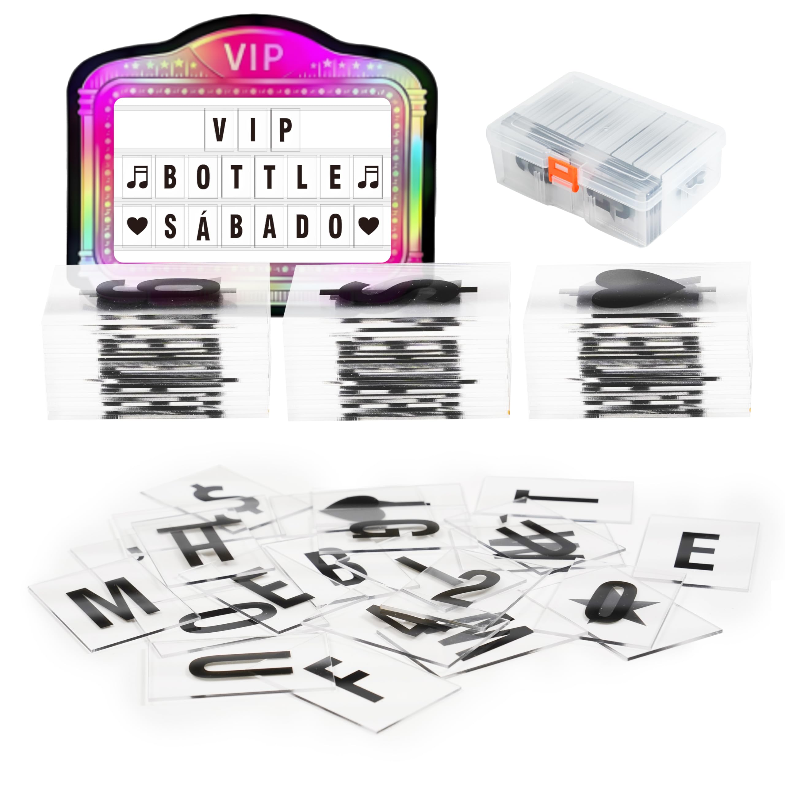 Photo 1 of 108PCS Bottle Service Sign Replacement Acrylic Cards Letters Numbers Punctuation Social Icon Inserts with Extra Letters and Spanish Vowels for Club Nightclub Bar VIP Display No LED