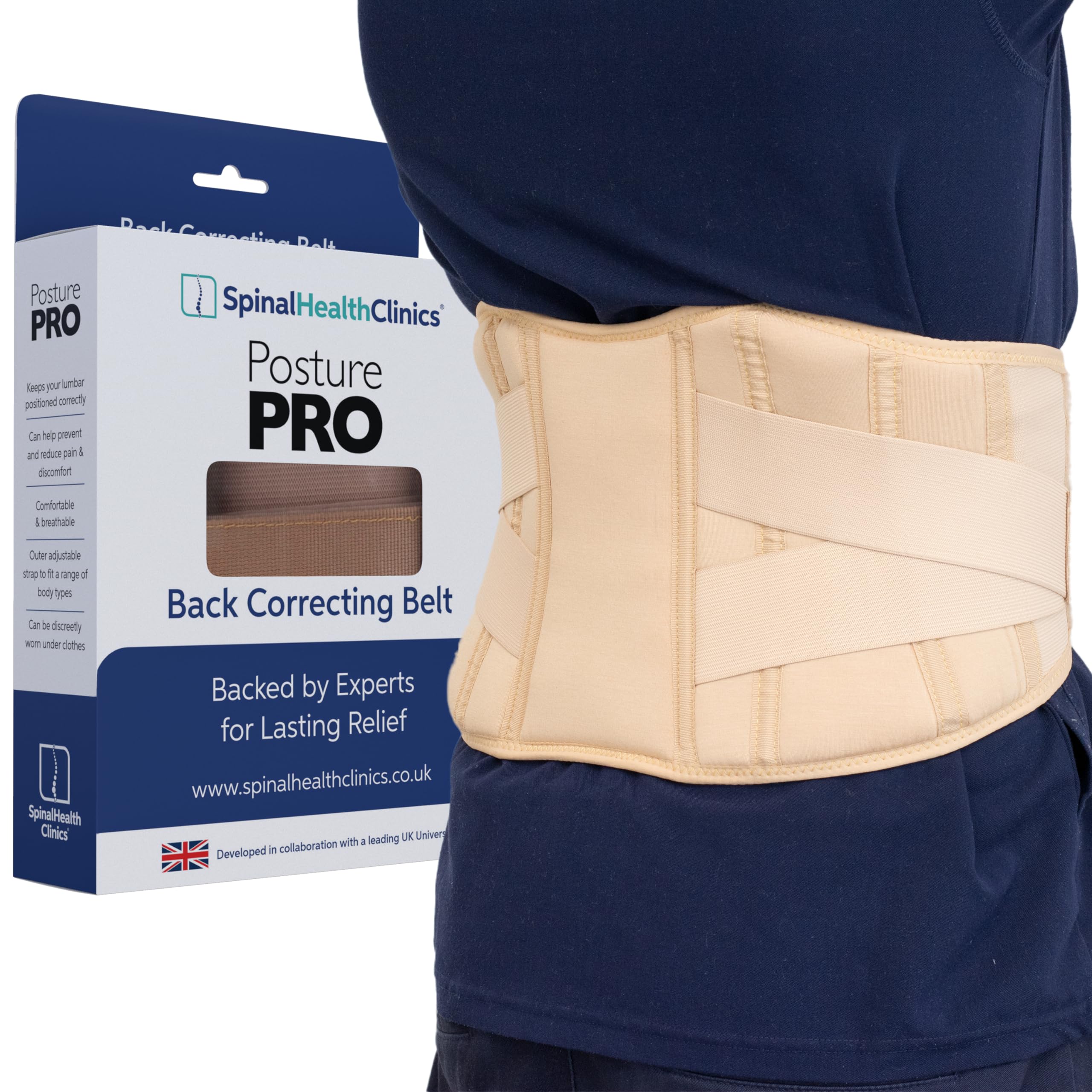 SpinalHealthClinics Posture Corrector for Men & Women - Proprietary Spinal Lumbar Support - Lower Back Support Belt - Back Brace for Back Pain Relief - Lumbar Support Belt - Back Straightener (M)