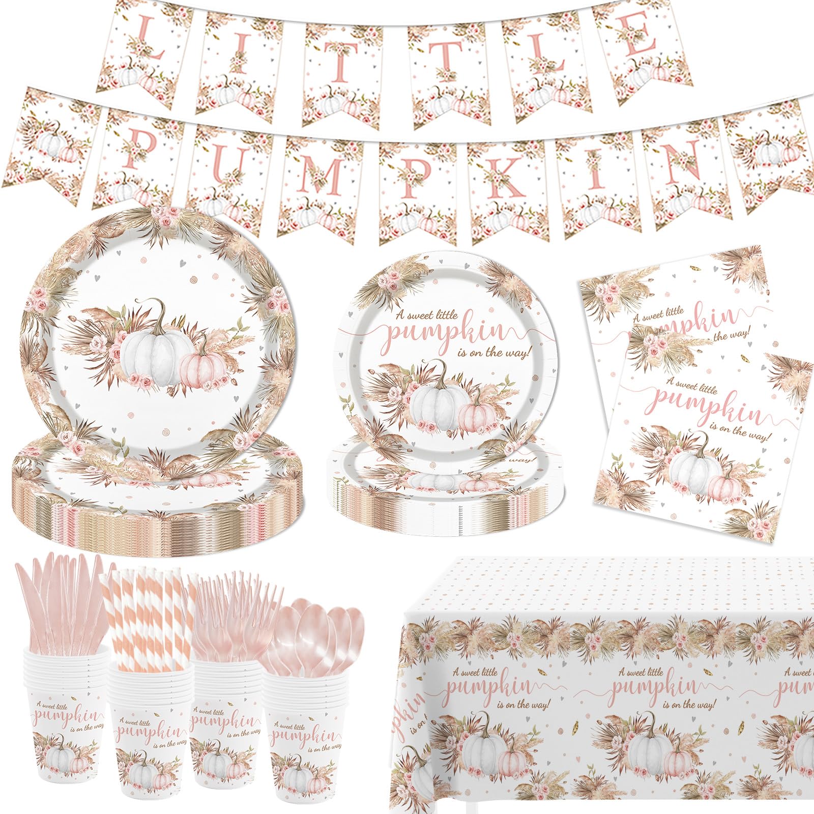 Photo 1 of MEHOFOND Boho Fall Pumpkin Baby Shower Decorations Bohemia Floral Little Pumpkin Party Supplies Disposable Tableware Set 194 Pcs Plates Napkins Banners Plastic Tablecloth for Baby Shower Kids Party