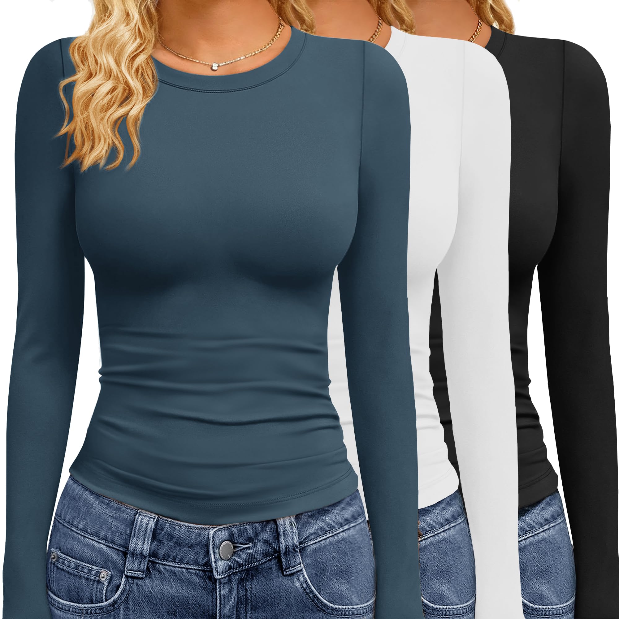 GAYHAY 3 Pack Long Sleeve Shirts for Women Basic Tops Crew Neck Fitted Tight Workout Tees Y2K Clothes Going Out Fashion 2025 Black White Haze Dark Blue Image
