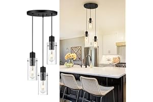 Emak 3-Light Pendant Lights Kitchen Island, Modern Farmhouse Black Pendant Light with Clear Glass Shade, Cluster Hanging Lights for Kitchen, Dining Room, Living Room, Bathroom, PL120-BKBK-CL