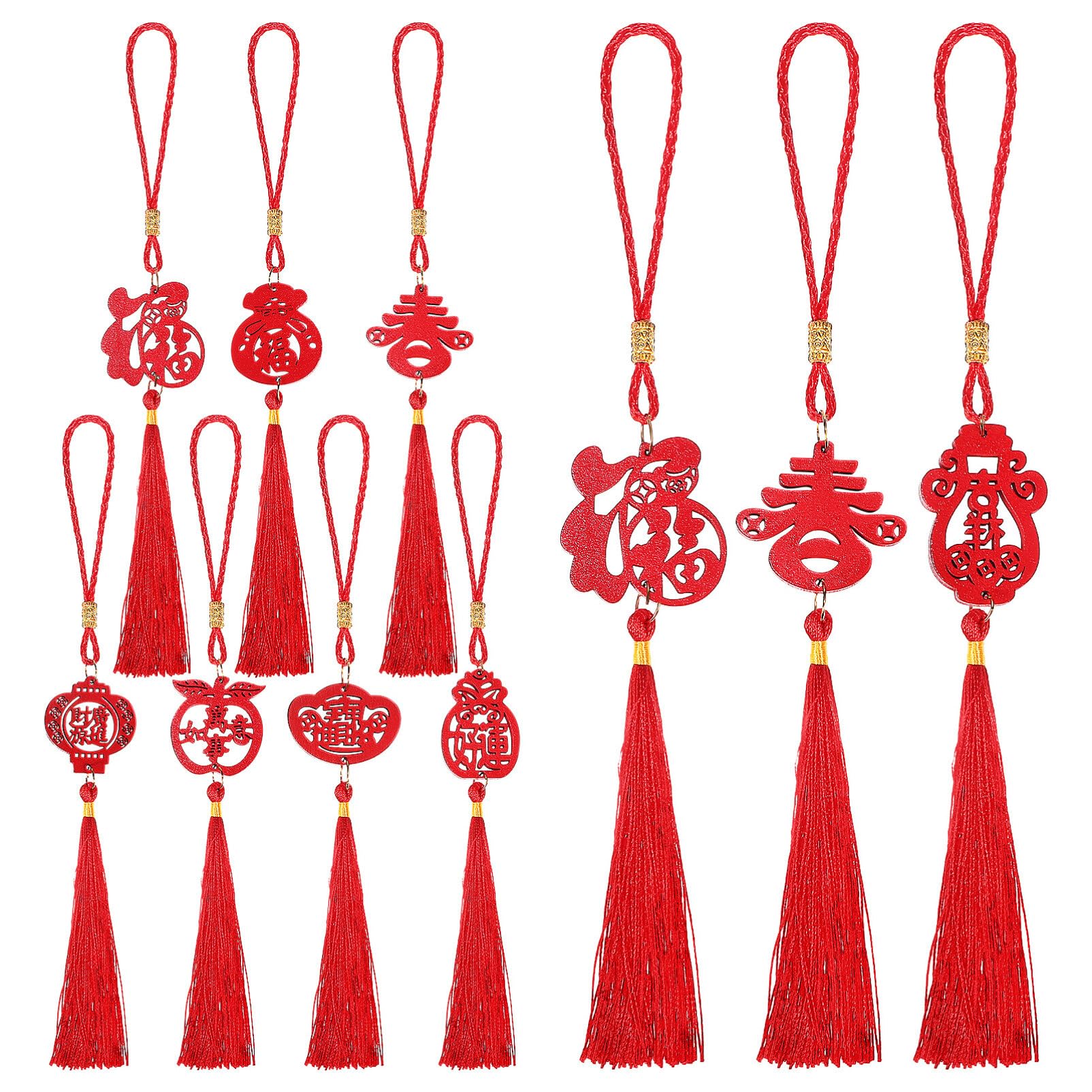 BESPORTBLE Chinese New Year Decorations: 10pcs Wooden Spring Festival Chinese Knot Hanging Ornaments, Lucky Fu Pendants for New Year Home Decor