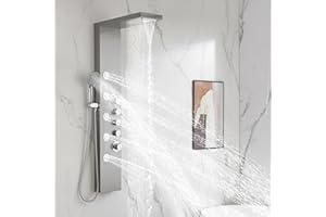 DELAVIN Shower Panel Stainless Steel Shower Tower Panel, Multi Function Shower Panel Tower System with Rainfall Waterfal, Full Body Shower System with Body Jets and Handheld Shower, Brushed Nickel