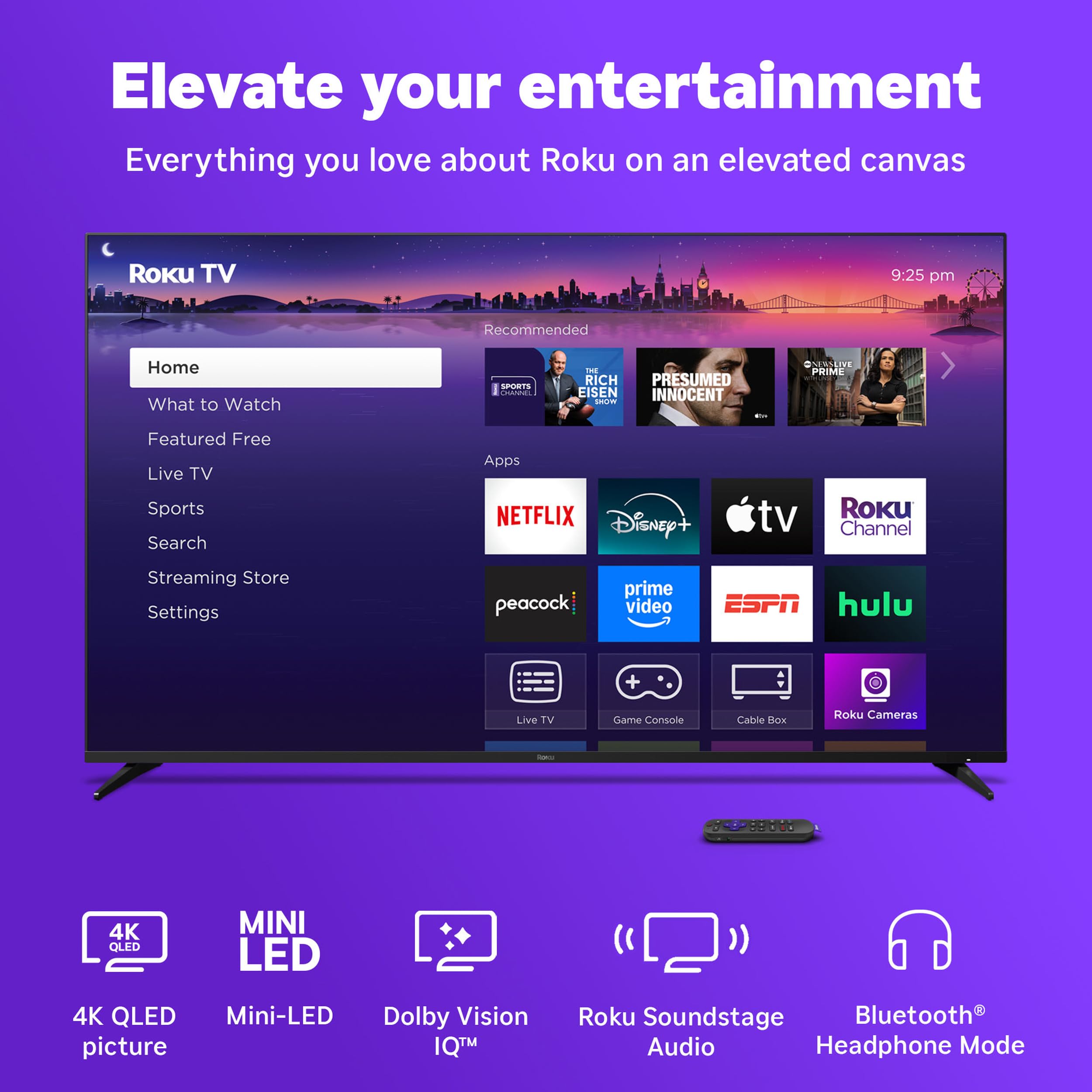 Roku Smart TV 2025 – 65-Inch Pro Series, Mini-LED TV – RokuTV with Backlit Voice Remote Pro – Flat Screen 4K QLED Television with 120Hz Refresh Rate & Dolby Vision IQ, Live News, Sports, Entertainment