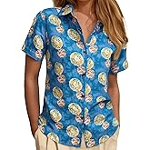 JOGAL Women's Floral Blouse Casual Button Down Short Sleeve Aloha Hawaiian Shirt