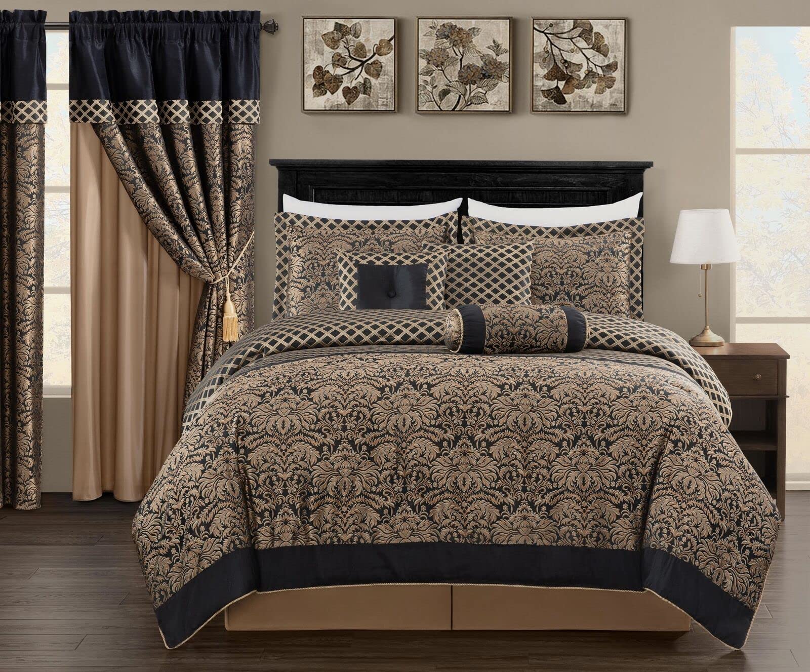 Photo 1 of (USED/FAIR) (PARTIAL SET)*******************
 Chezmoi Collection 7-Piece Black/Gold Diamond Floral Medallion Jacquard Woven Comforter Set, California King