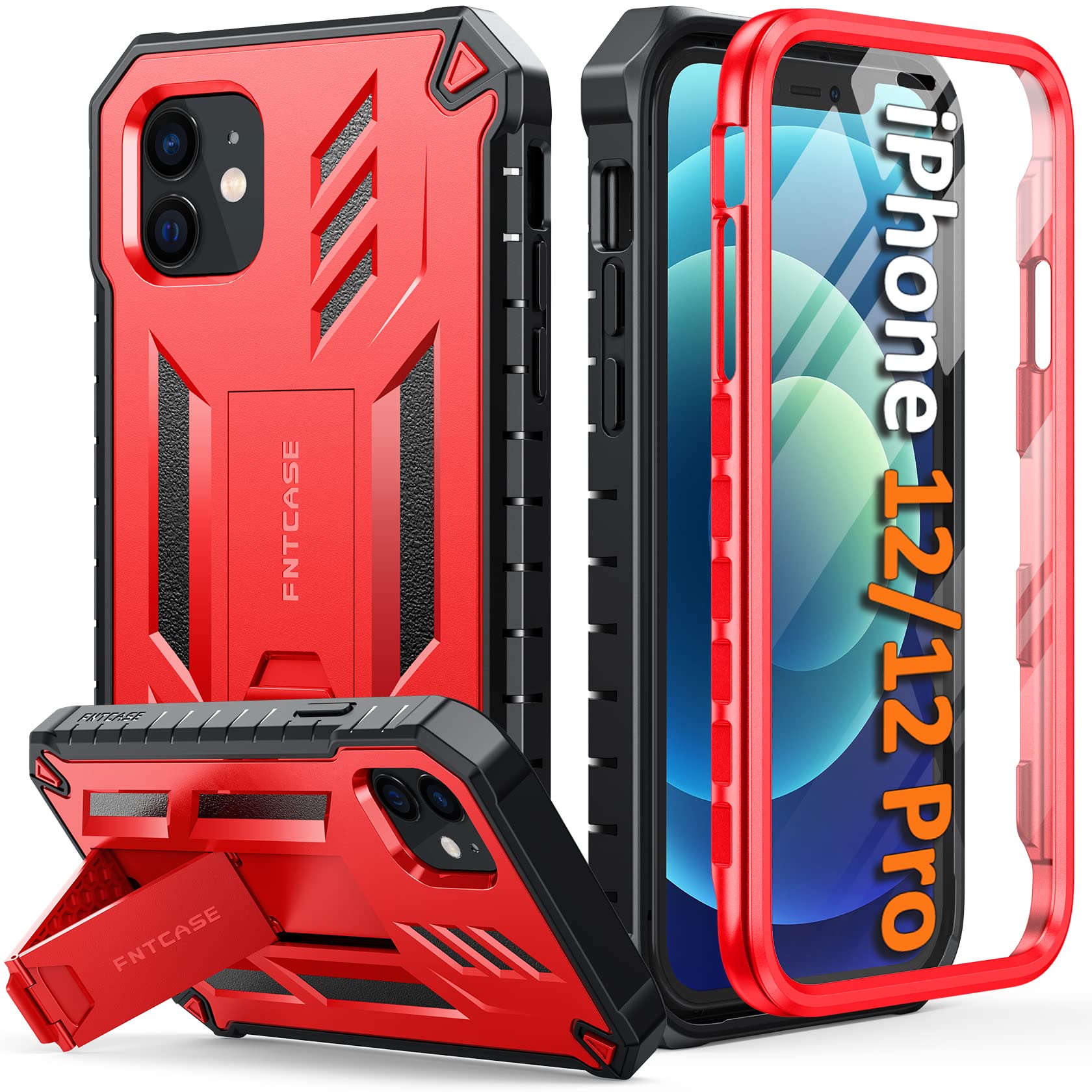 Photo 1 of FNTCASE for iPhone 12 Phone Case: for iPhone 12 Pro Phone Case Military Grade Drop Proof Rugged Protective Cover with Kickstand | Matte Textured Shockproof TPU Hybrid Bumper Cases 6.1 inch - Red