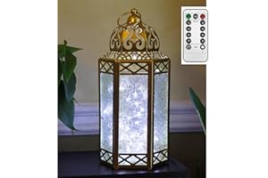 VELA LANTERNS Metal Ramadan Moroccan Decorative LED Fairy Lights Candle Lantern Holders for Hanging or Table, Indoor Home Decor, Outdoor Patio or Porch, Weddings, Gold, Clear Glass, Large