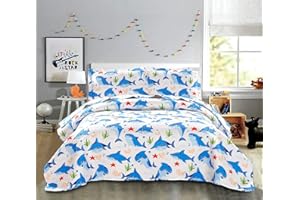 JESSY HOME Shark Kids Twin Size Quilt Set - Reversible Blue Shark Animal Quilt & Coverlet with Pillow Shams