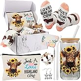 SAIWEILAI ONLINE 6 Pieces Highland Cow Gifts Set for Women Highland Cow Lovers 16oz Glass Cups Just a Girl Who Loves Highland Cows Makeup Bag Socks Keychain Earrings and Gift Box for Sister Friends