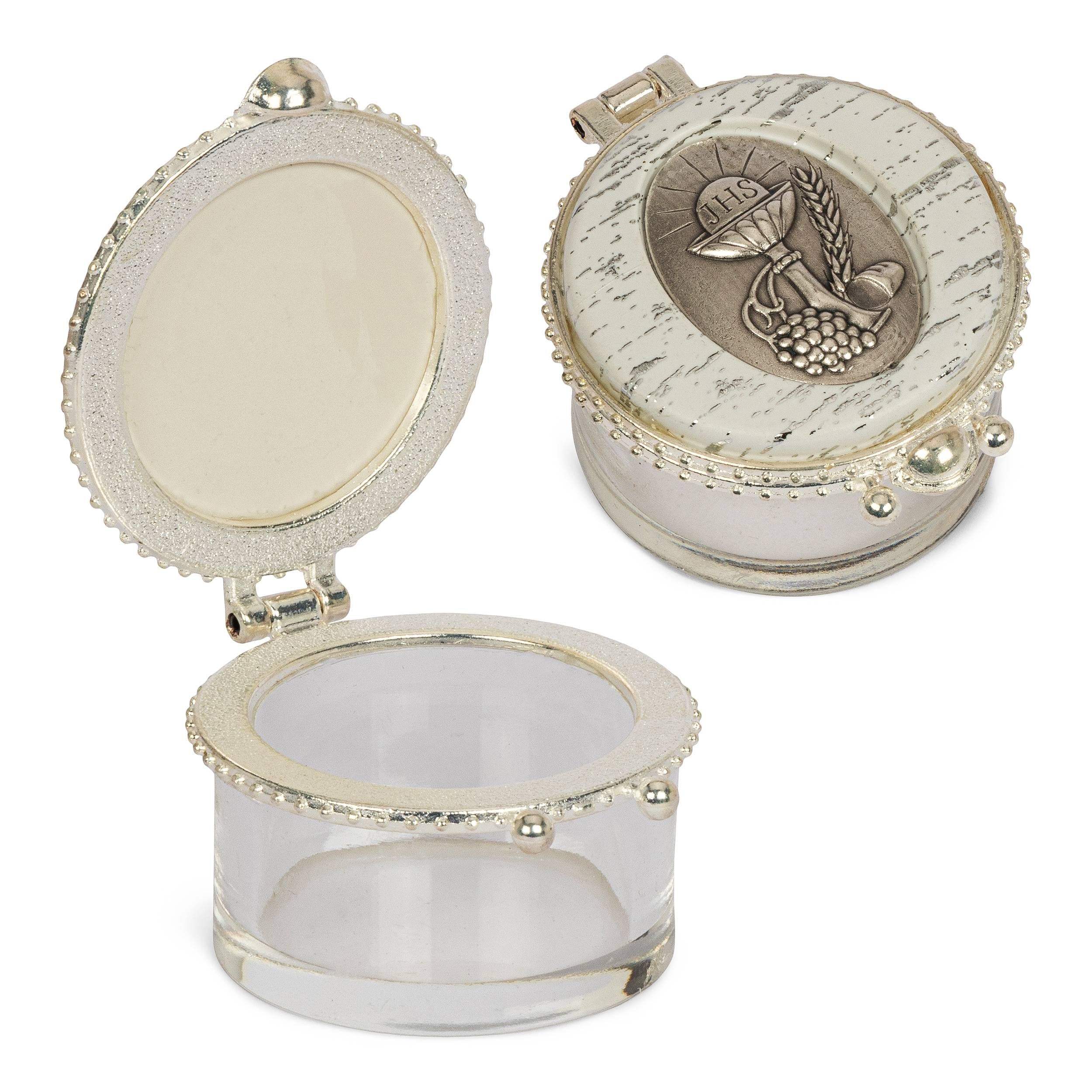 NKlaus Rosary case glass box round transp hinged lid pearl white communion 4x3cm 2539