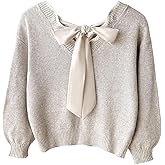 BEAUDRM Girl's Bowknot Sweater V Neck Long Sleeve Knitted Cute Pullover Sweater Jumper Tops