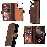 Bayelon Leather Wallet Case for iPhone 16 Pro 6.3" - Flip Cover Card Holder, iPhone 16 Pro Wallet Folio Case, Kickstand, MagSafe Compatible RFID, Real Leather iPhone 16 Pro Cover (Dark Brown)