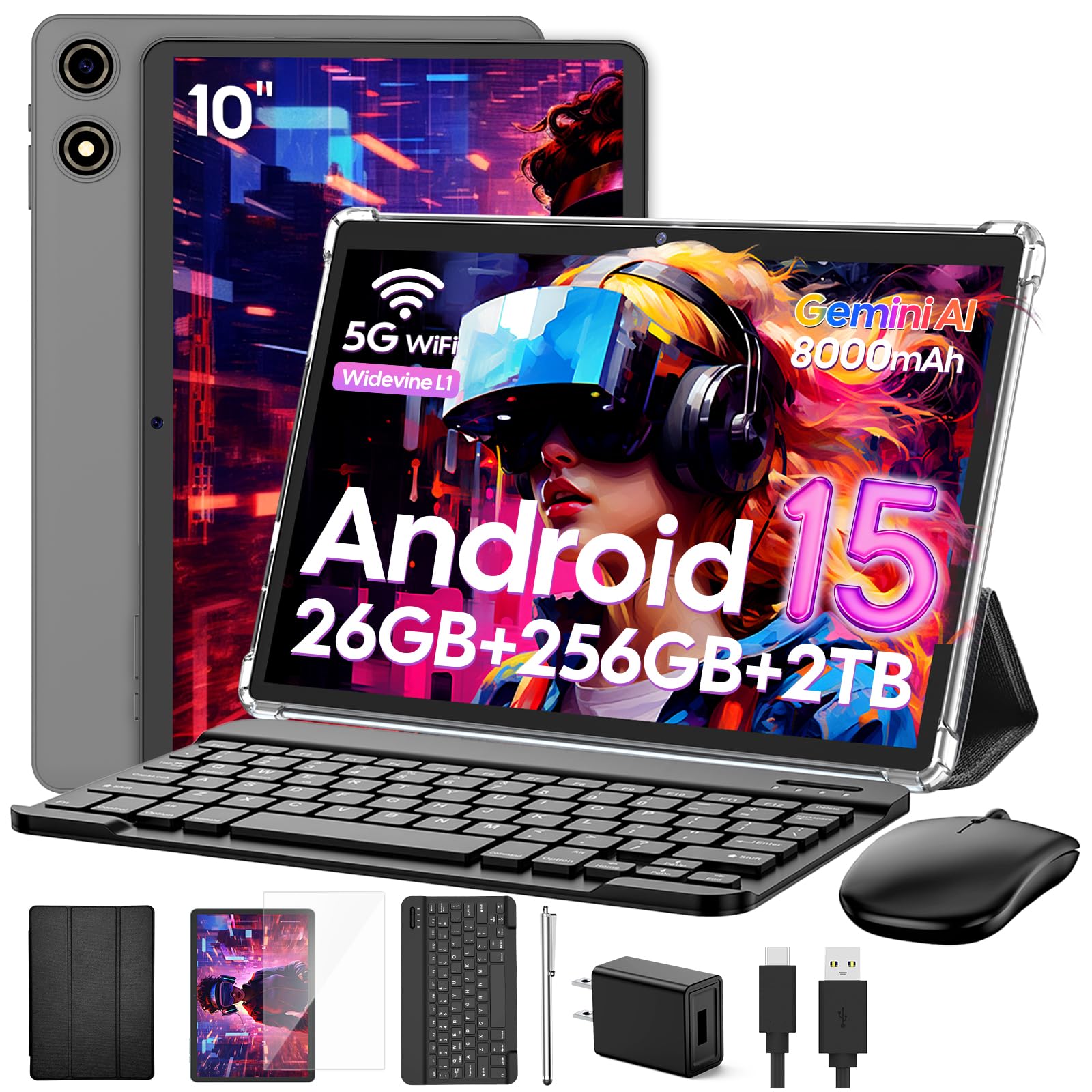 Photo 1 of VisuPad 2026 Android 15 Tablet with Keyboard, 26GB+256GB+2TB Expand, 10 Inch 2 in 1 Tablet with Gemini AI, 8000mAh, 2.4G/5G WiFi, BT5.0, Widevine L1, Tablets Pc with Case, Mouse, Stylus (Black Case)