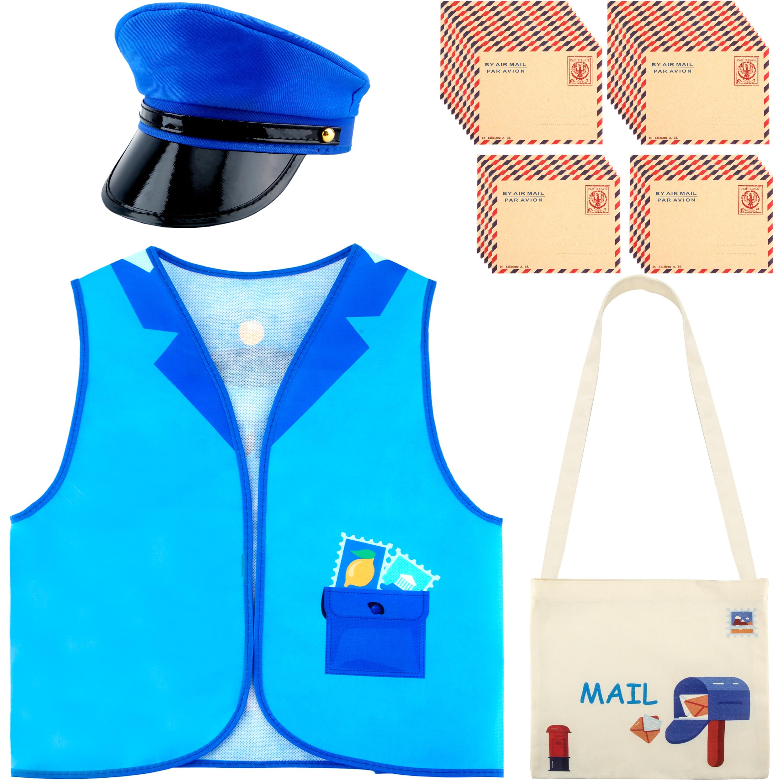 Puteraya Kids Mailman Costume Set Include Postman Vest Hat and Mail Bag with 20 Pcs Envelopes Mail Carrier Dress Up for Children Halloween Party Cosplay