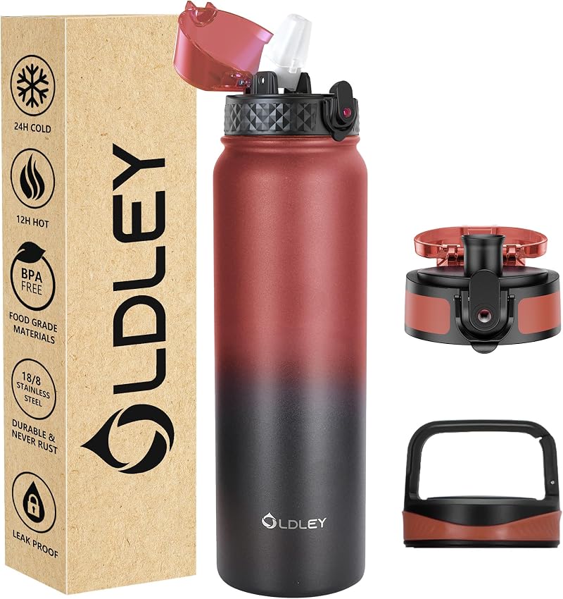 OLDLEY 1L Stainless Steel Water Bottle with 3 Lids Vacuüm Insulated Leakproof