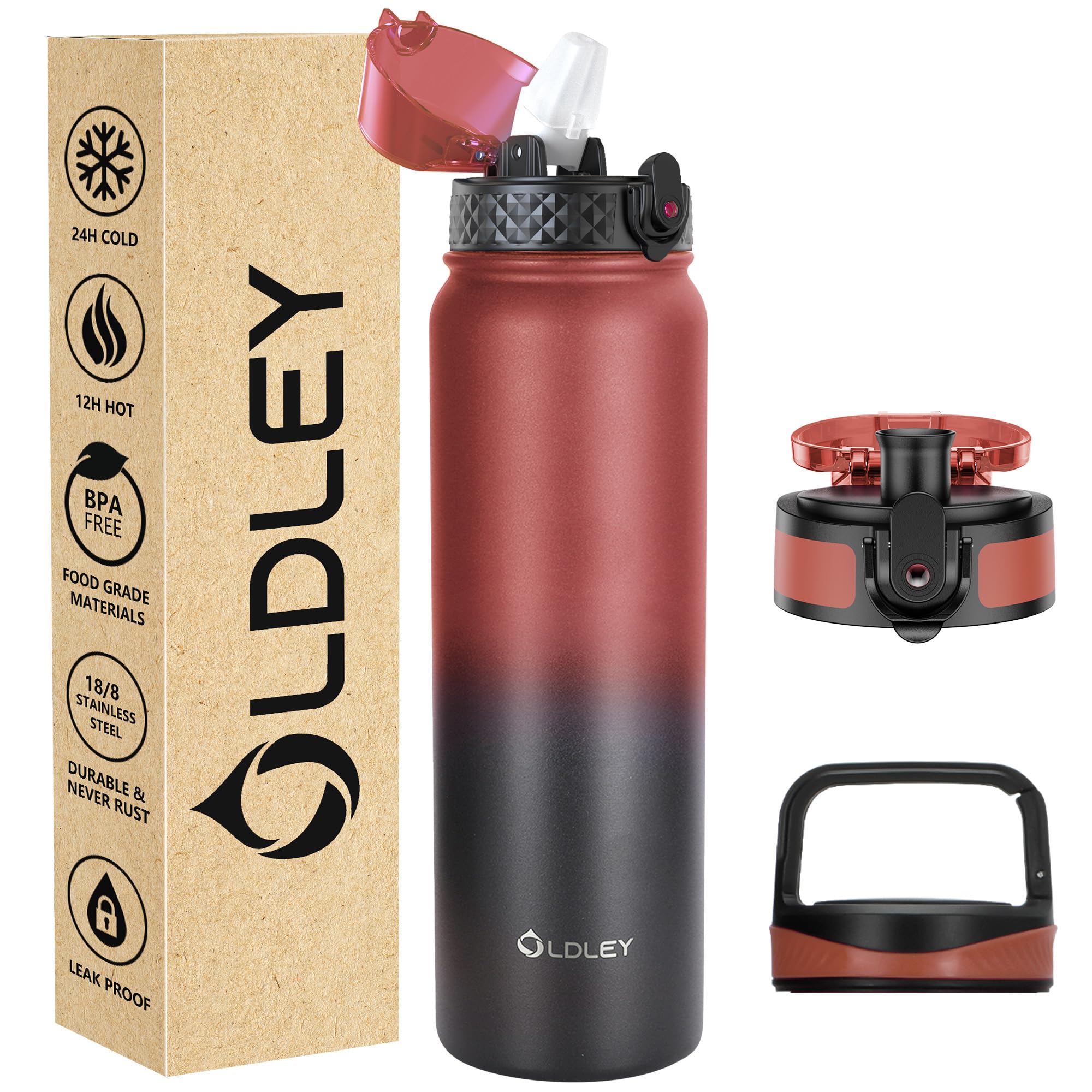 OLDLEY Stainless Steel Water Bottle with Straw 1L Vaccum Insulated Large Drink Flask Metal Water Bottles 1 Litre Leakproof Keep Drinks Hot Cold for Sports Gym with Different Lids(Red Black, 3 Lids) — image 1