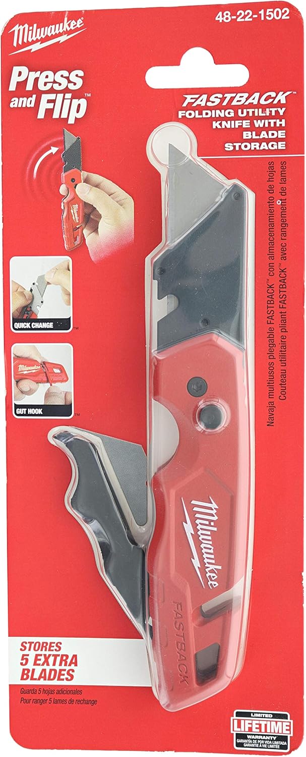 Milwaukee 48-22-1502 Fastback Folding Utility Knife with 5 Blade Storage, Wire Stripping Compartment, and Gut Hook - - 
