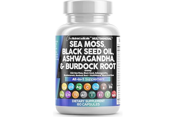 Sea Moss 3000mg Black Seed Oil 2000mg Ashwagandha 1000mg Turmeric 1000mg Bladderwrack 1000mg Burdock 1000mg & Vitamin C & D3 with Elderberry Manuka Dandelion Yellow Dock Iodine Chlorophyll ACV