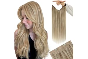 YoungSee Wire Hair Extensions Human Hair Highlight Hair Wire Extensions Dark Ash Blonde Highlights Golden Blonde Hair Extension with Adjustable Transparent Line Natural Hair Extensions 80G 16Inch