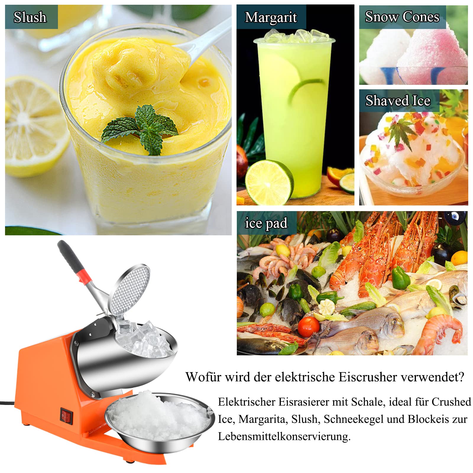 Elektrischer Ice Crusher, 300W Eiszerkleinerer 80kg/h,Doppelmesser Eiscrusher, Doppelmesser Eiscrusher,Smoothie Maschine für Restaurants, Bars, Partys (Orange) 2