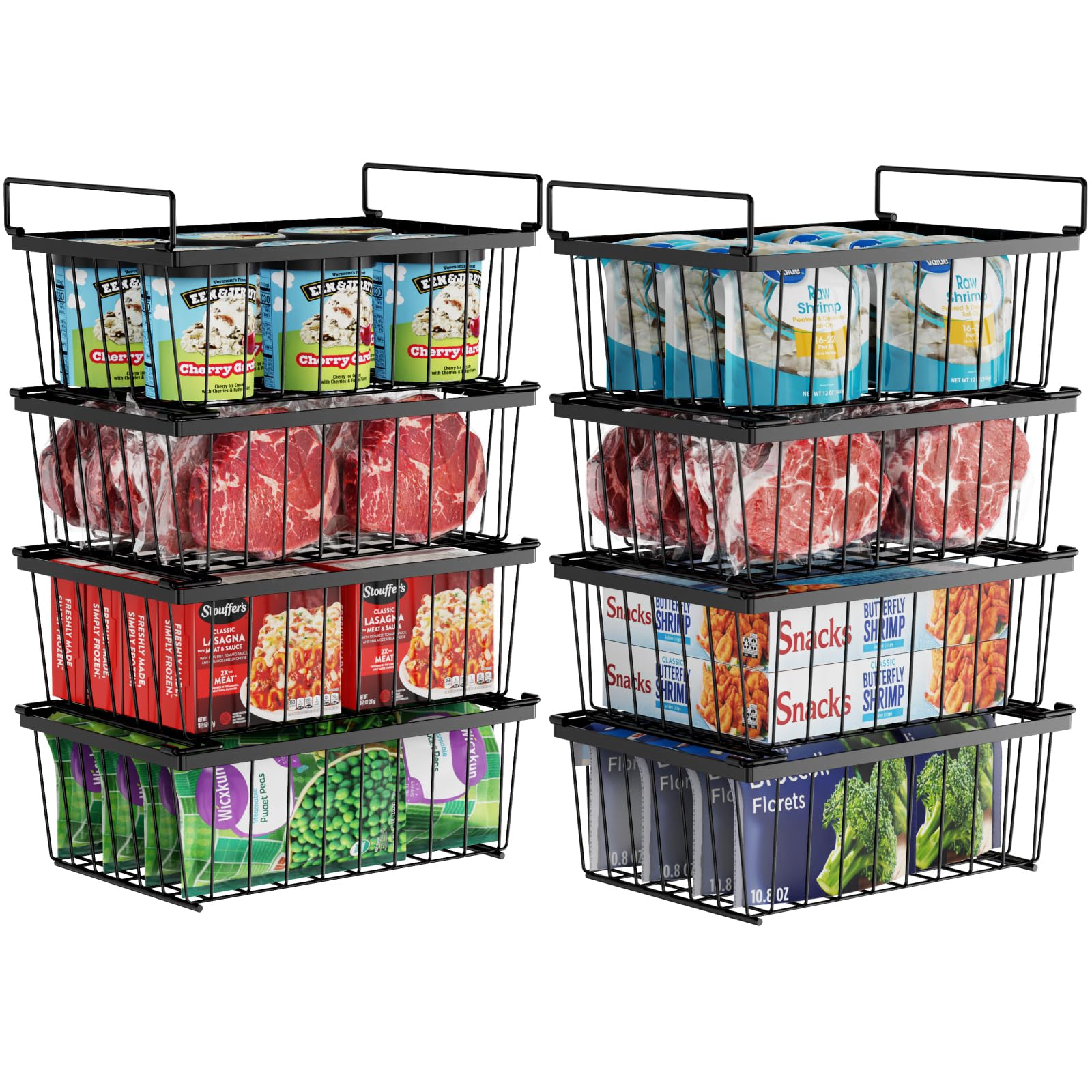 iSPECLE Deep Freezer Organizer, 8 Pack Wire Baskets for 5 Cu.Ft Chest Freezer & Upright Freezers (Over 8.5 Cu.Ft), 14" x 9.4" Stackable Heavy Duty Storage Bins Easy Access to Sort Meat, Black Image