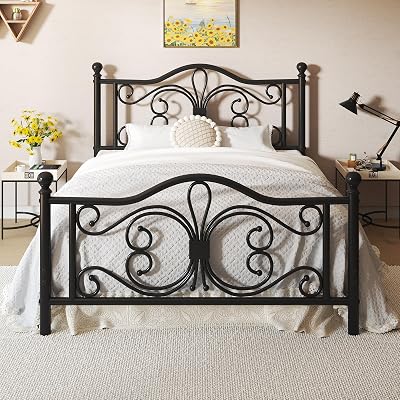 LOEWAY Full Size Bed Frame/Metal Platform Bed Frame with Butterfly Pattern Design Headboard and Footboard/Strong Metal Slats Support/No Box Spring Needed/Easy Assembly/Noise-Free/Black