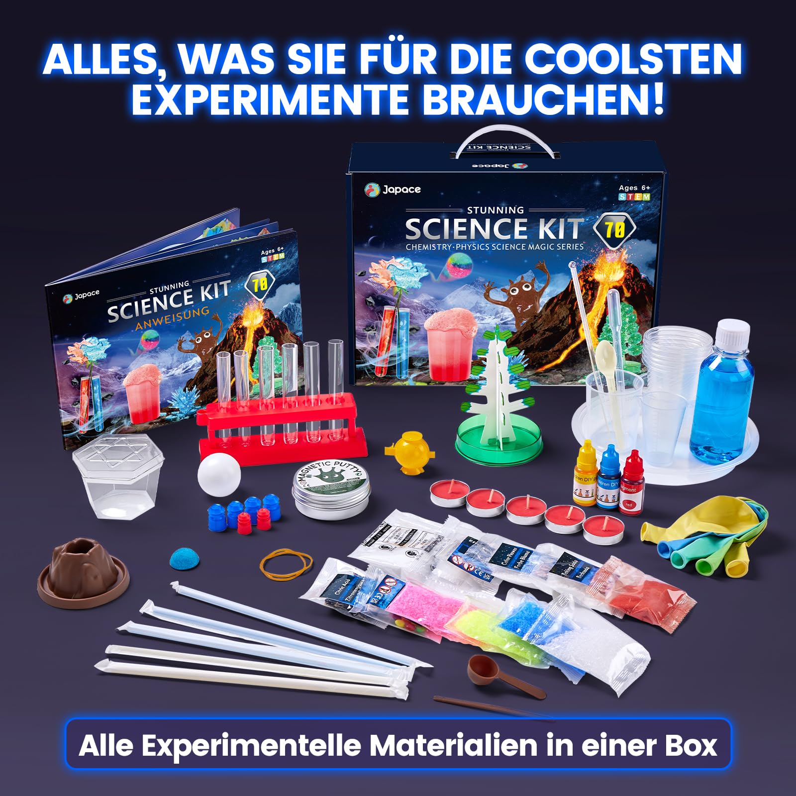 Japace 70 Experimente für Kinder, Wissenschaft Experimentierkasten Labor STEM Spielzeug 4-6-8-10-12 Jahre Geschenke für Jungen Mädchen, Chemie-Set, Kristalle Züchten, Vulkan, Gummiball 6
