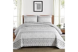 DRUCON Grey Paisley Quilt Set King 3 Pieces Boho Paisley Floral Quilt Coverlet Set Soft Microfiber Lightweight Bedding Quilt for All Season (King, 104"x90")