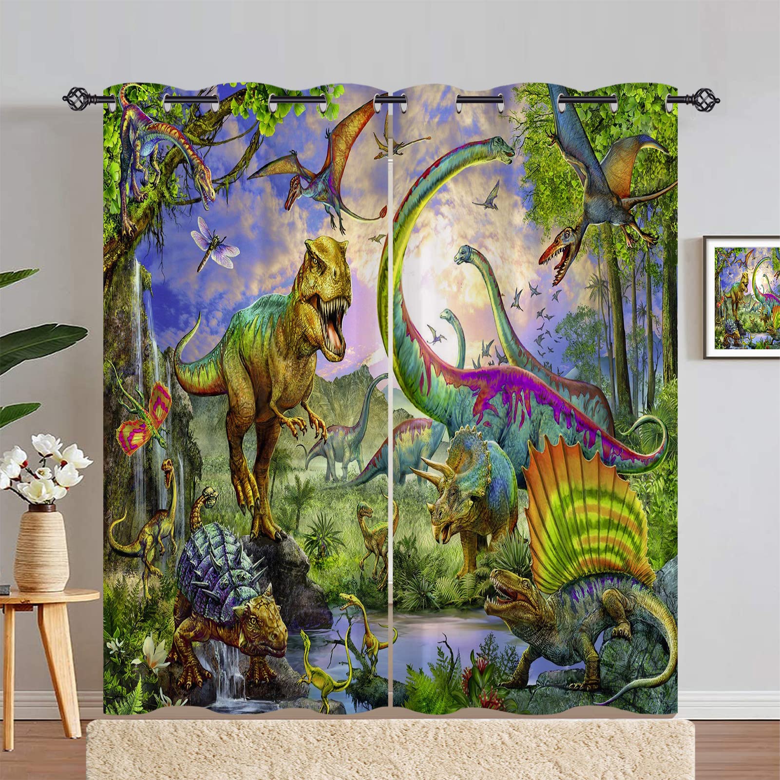 ANHOPE Dinosaur Curtains Eyelet Ring Top Thermal Insulated 80% Blackout Curtains with Jungle Animal Dino T-Rex Print Pattern Window Drapes for Kids Boys Girls Bedroom 46 x 90 Inch Drop 2 Panels