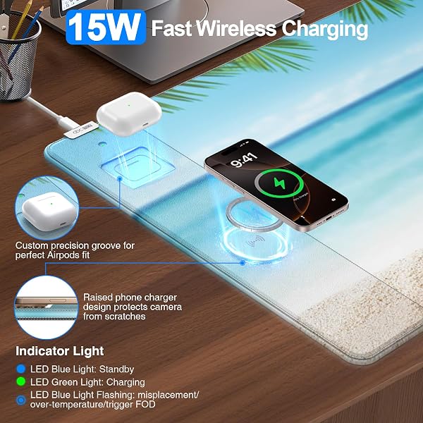 WIRELESS CHARGING MOUSE PAD, 31.5″X15.8″ LARGE GAMING DESK MAT FOR KEYBOARD/LAPTOP, WATERPROOF ULTRA-SMOOTH SURFACE, NON-SLIP BASE, WITH 20W PD ADAPTER, SUMMER BEACH