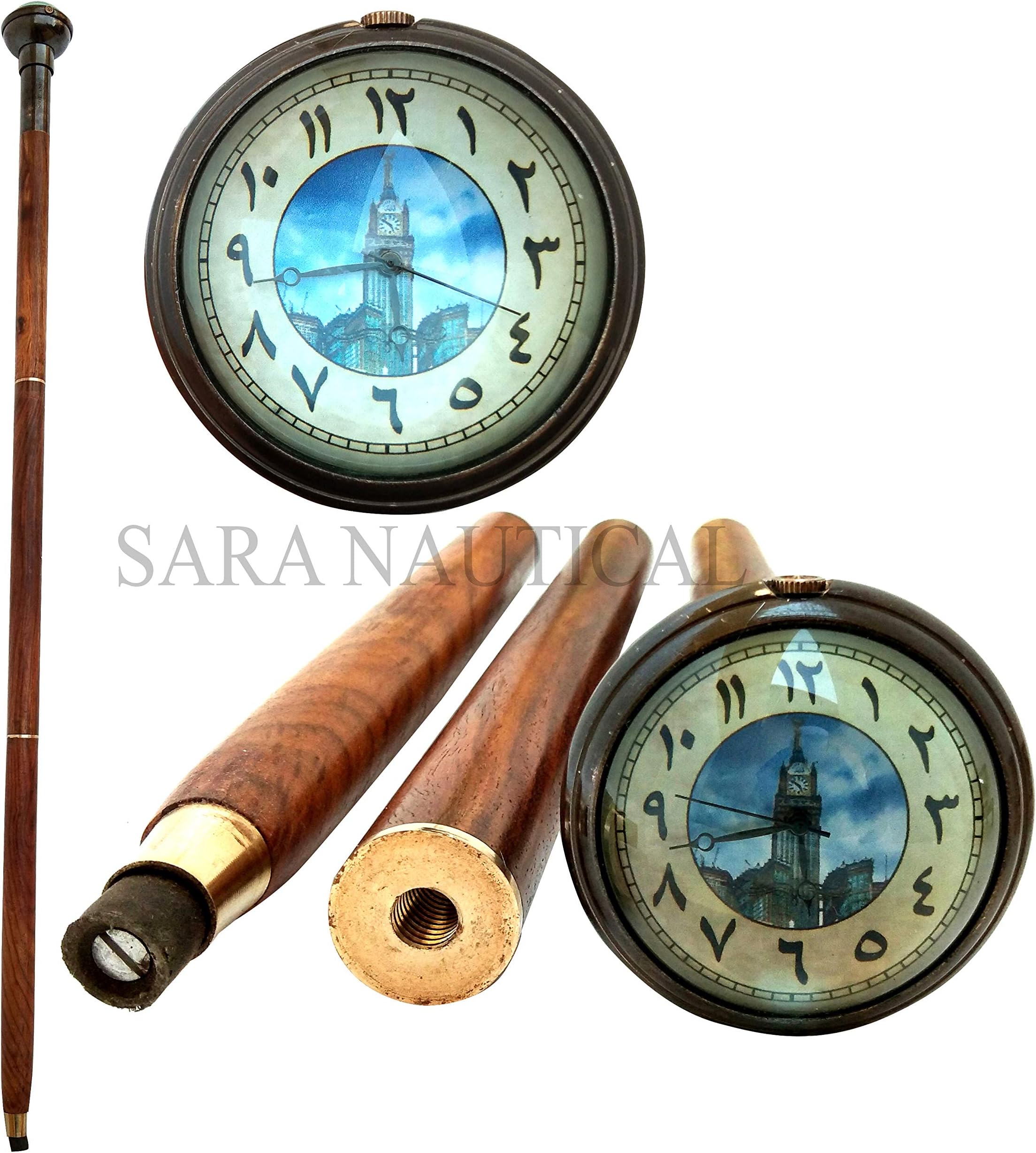 Arabic Number Style Islamic Walking Stick Nautical Cane with Antique Brass Watch