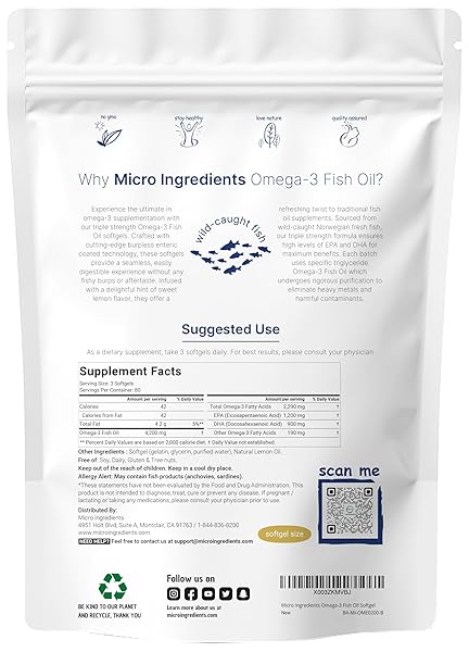 MICRO INGREDIENTS TRIPLE STRENGTH OMEGA 3 FISH OIL SUPPLEMENTS 4200MG PER SERVING, 240 SOFTGELS – LEMON FLAVORED – BURPLESS | EPA 1200MG + DHA 900MG | DEEP SEA FISH