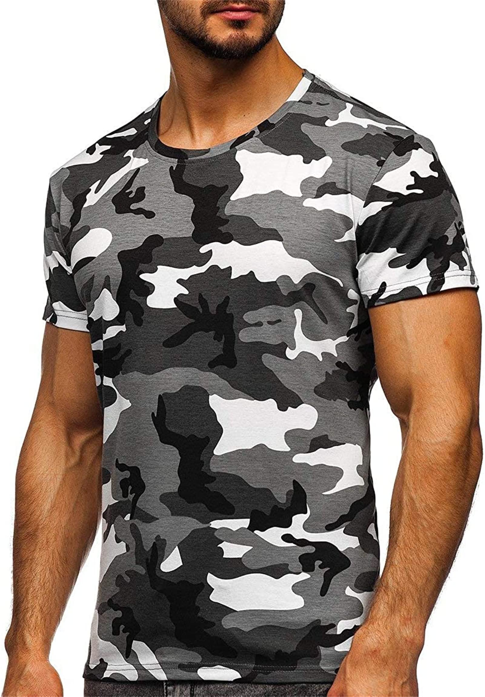 Men's Camo Crewneck Athletic T-Shirt Stretchy Camouflage Short Sleeve Shirt Tops Workout Military Pullover Tees