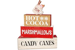 LSJEHTQ 4 Pcs Hot Cocoa Christmas Decor, Marshmallows Table Decorations, Christmas Tiered Tray Desk Decor Gifts, Winter Wooden Xmas Stack Block Signs Table Centerpiece for Farmhouse Office -A14