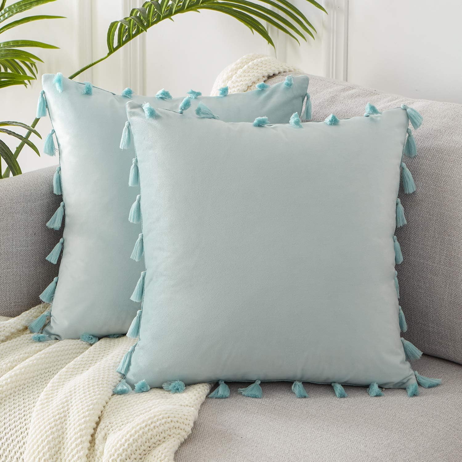 Topfinel Duck Egg Blue Velvet Tasseled Cushion Covers 20x20 Inch Soft Square Decorative Throw Pillowcases for Livingroom Sofa Bedroom 50cmx50cm,Pack of 2