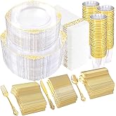 YOUBET 700PCS Clear Gold Plastic Plates - Elegant Gold Plastic Dinnerware Set Include 200 Disposable Plates, 300 Heavy Duty Silverware, 100 Cups, 100 Napkins for Wedding Party