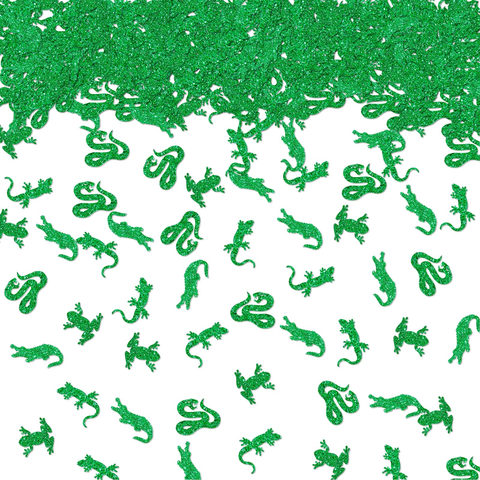 Photo 1 of 100pcs Reptile Animals Confetti, Green Glitter Crocodile Table Confetti for Baby Shower, Snake Frog Paper Scatters, Reptile Pet Birthday Party Table Decoration