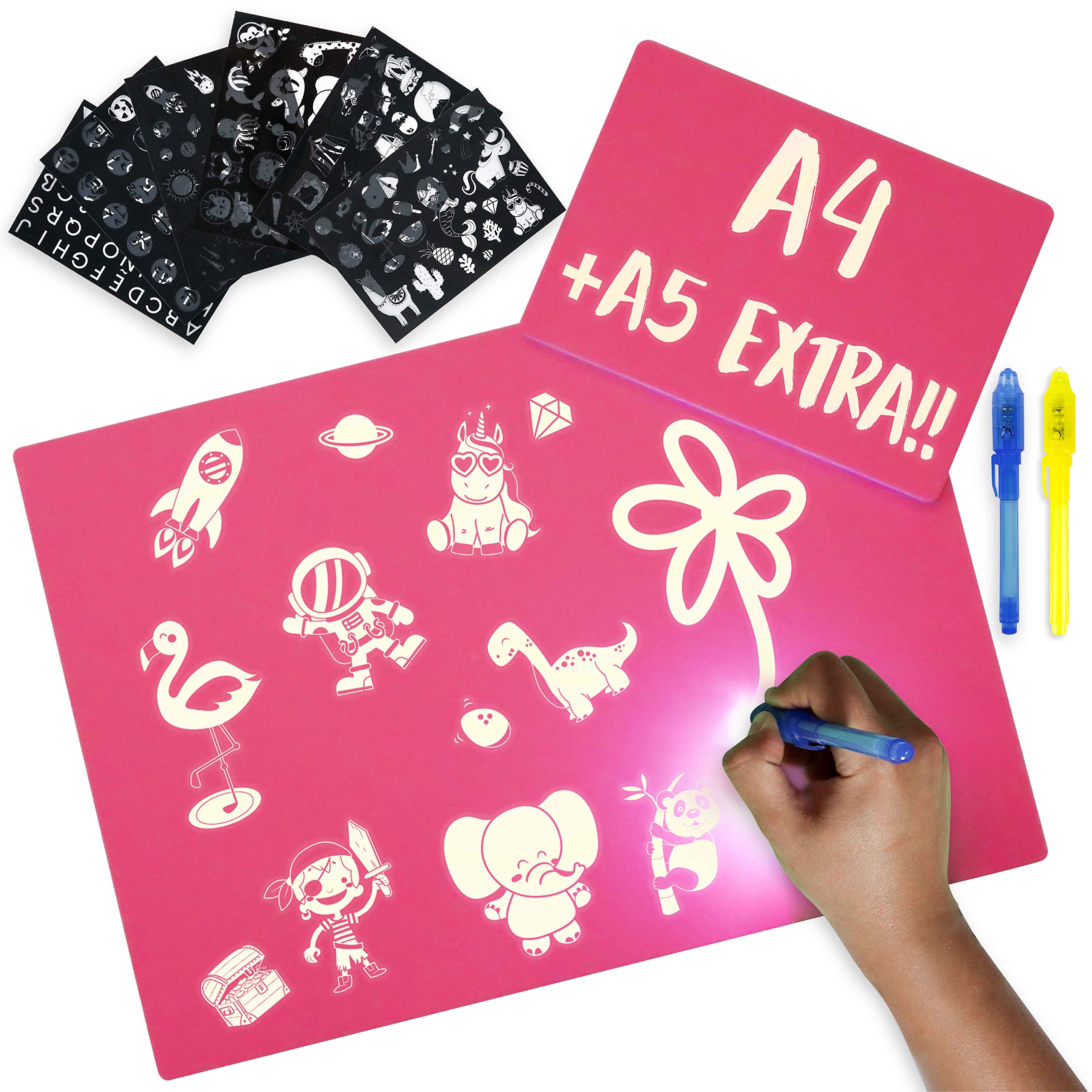 Pink Light Drawing Board Kids A4 and A5, 6 Stencils, 2 Spy Pens - BONNYCO | Girls Toys for 3 4 5 6 7 8 9 Years Old | Glow Pad Kids Toys Gifts for Birthday Christmas | Drawing Magic Board Light Up