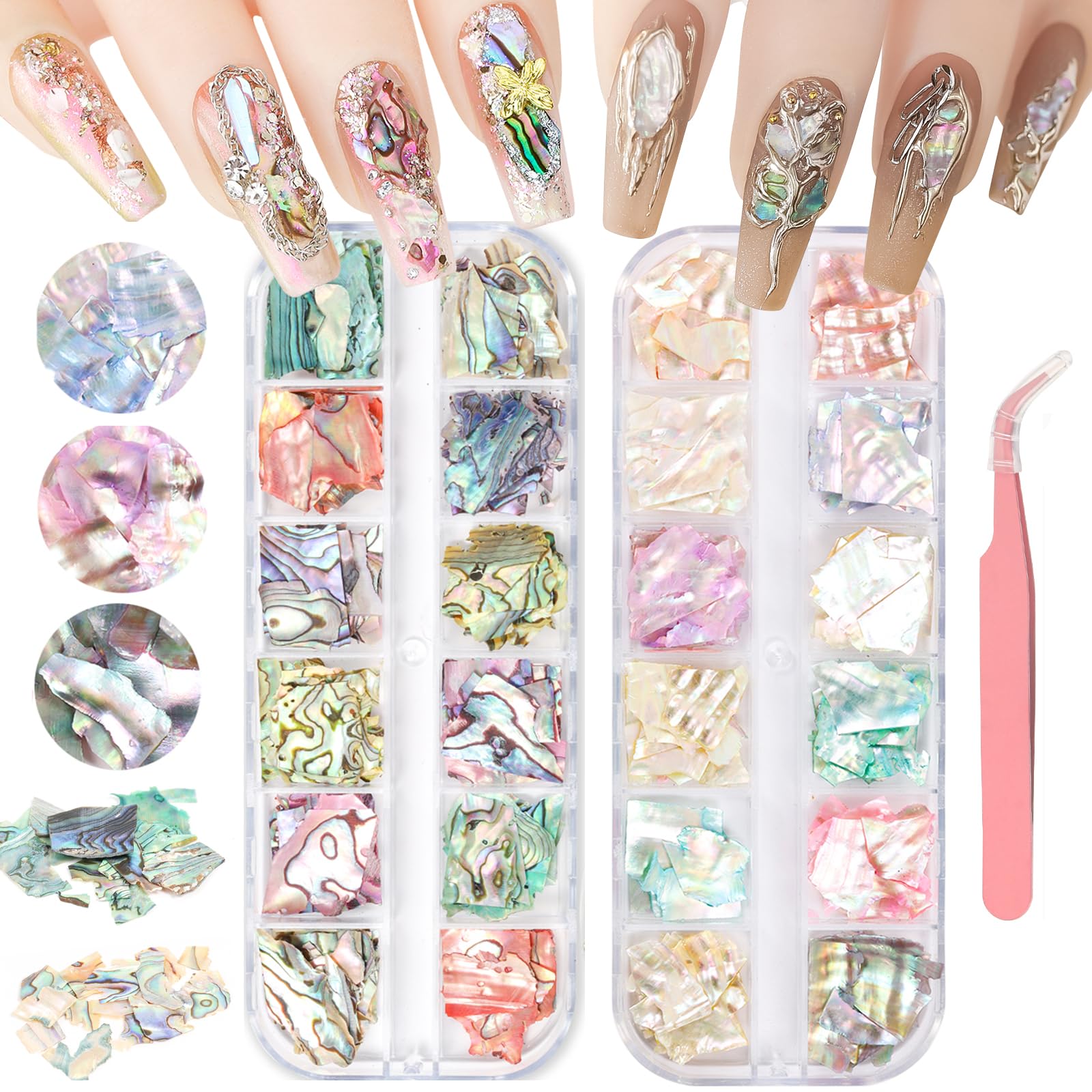 UHOMENY 3D Nail Art Shell Chips - Colorful Irregular Abalone Shell Chips for DIY Nail Art, 2 Boxes with Tweezers