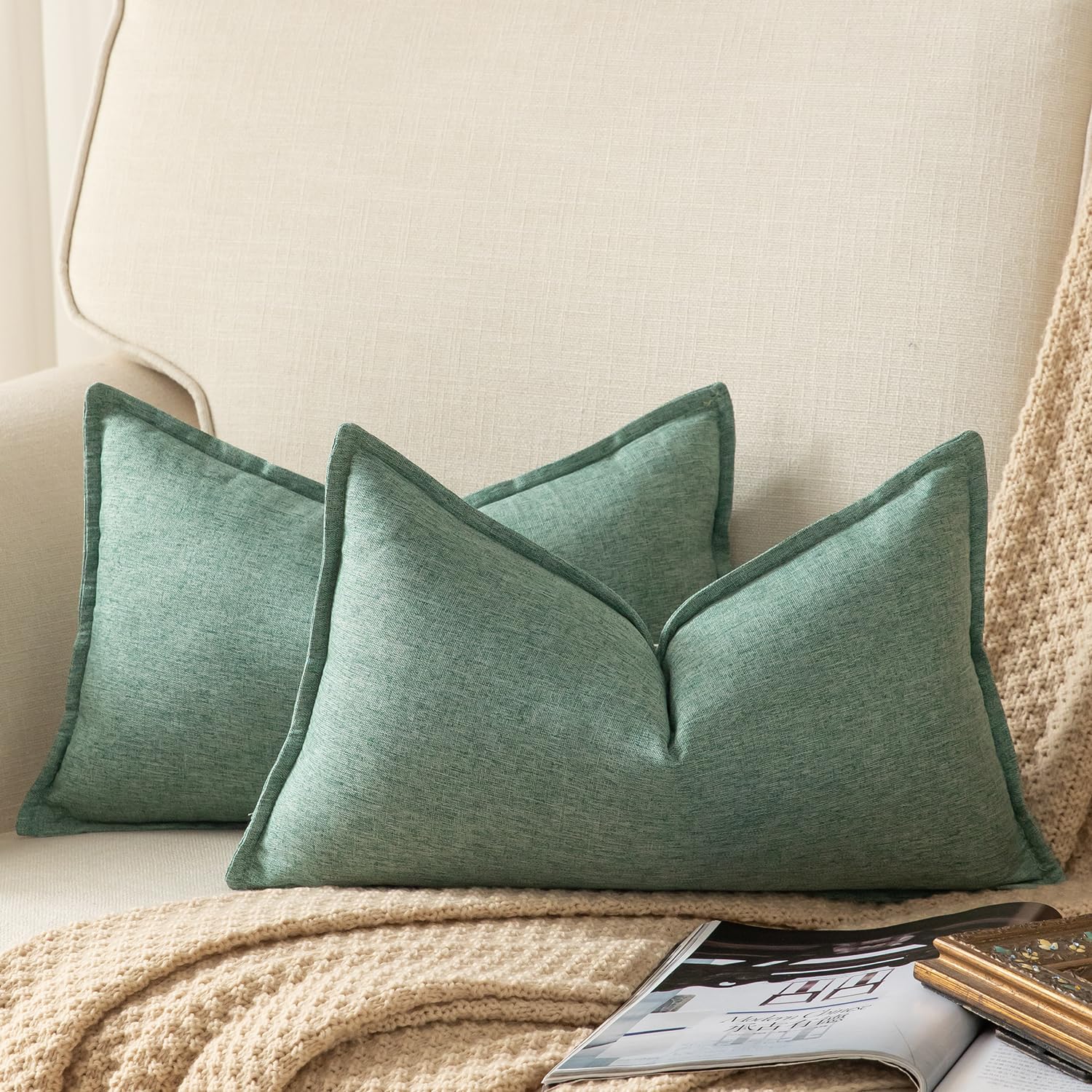 YAERTUN Pack of 2 Decorative Linen Soild Cushion Covers Farmhouse Neutral Throw Pillow Cases for Chair Couch Sofa Bedroom Living Room Home Decor 12 x 20 Inch 30x50 cm Sage Green