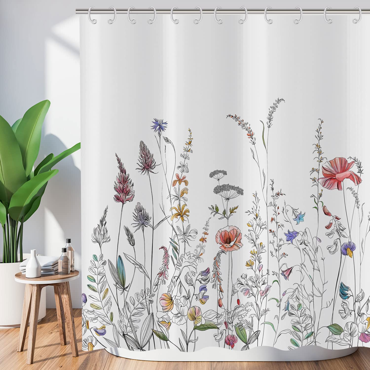 ASDCXZ Flower Shower Curtain 180x180 cm, Spring Simplicity Red Purple Colorful Flowers Green Leaves White Washable Shower Curtains Polyester Textile Waterproof Bath Curtain for Bathtub with 12 Hooks — image 1