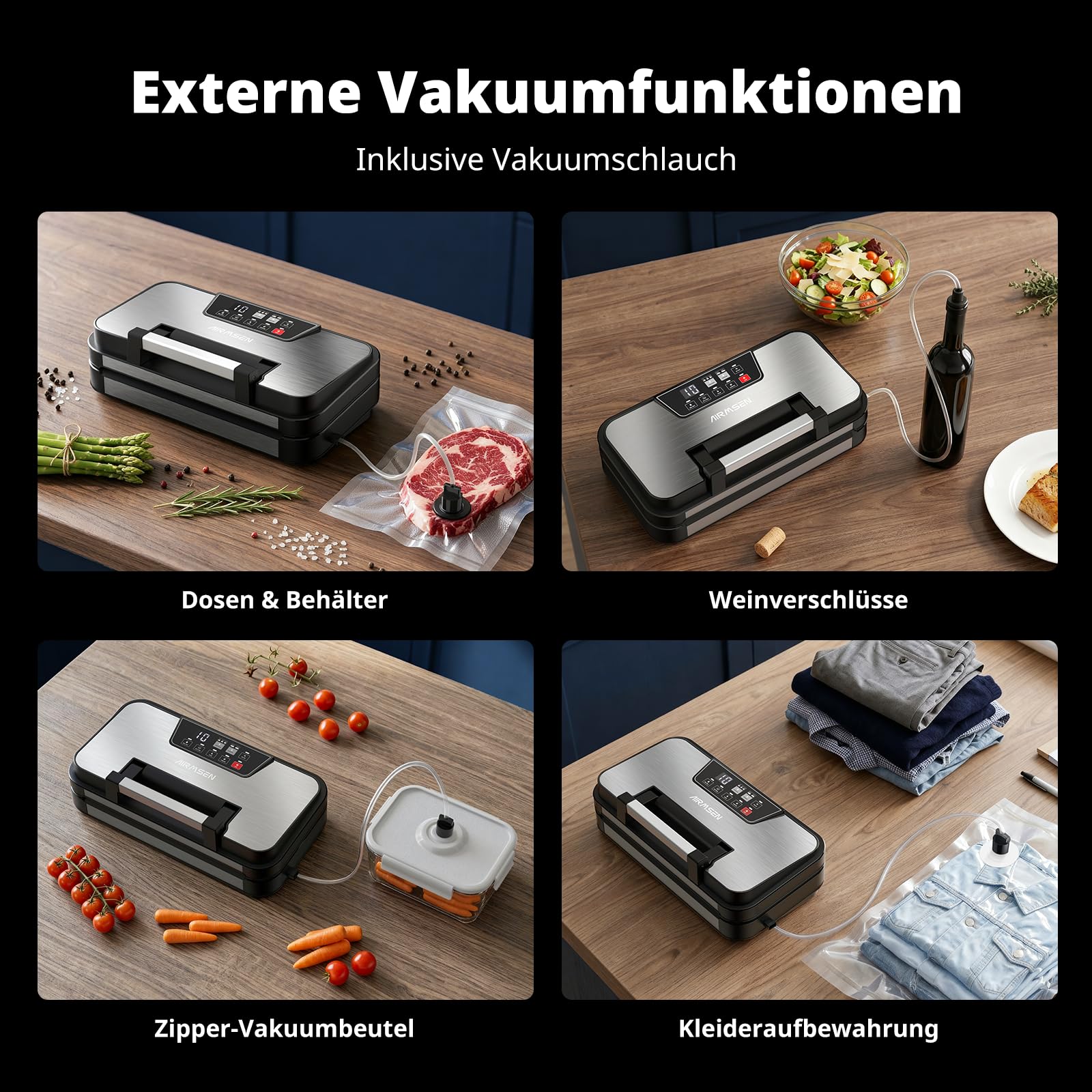 AIRMSEN 95 kPa Vakuumiergerät mit Aufblasfunktion, 120W Profi Vakuumierer für Trockene & Feuchte Lebensmittel, Inkl. Rollenfach, Cutter & Schlauch, 2x3mm Doppelschweißnaht 7