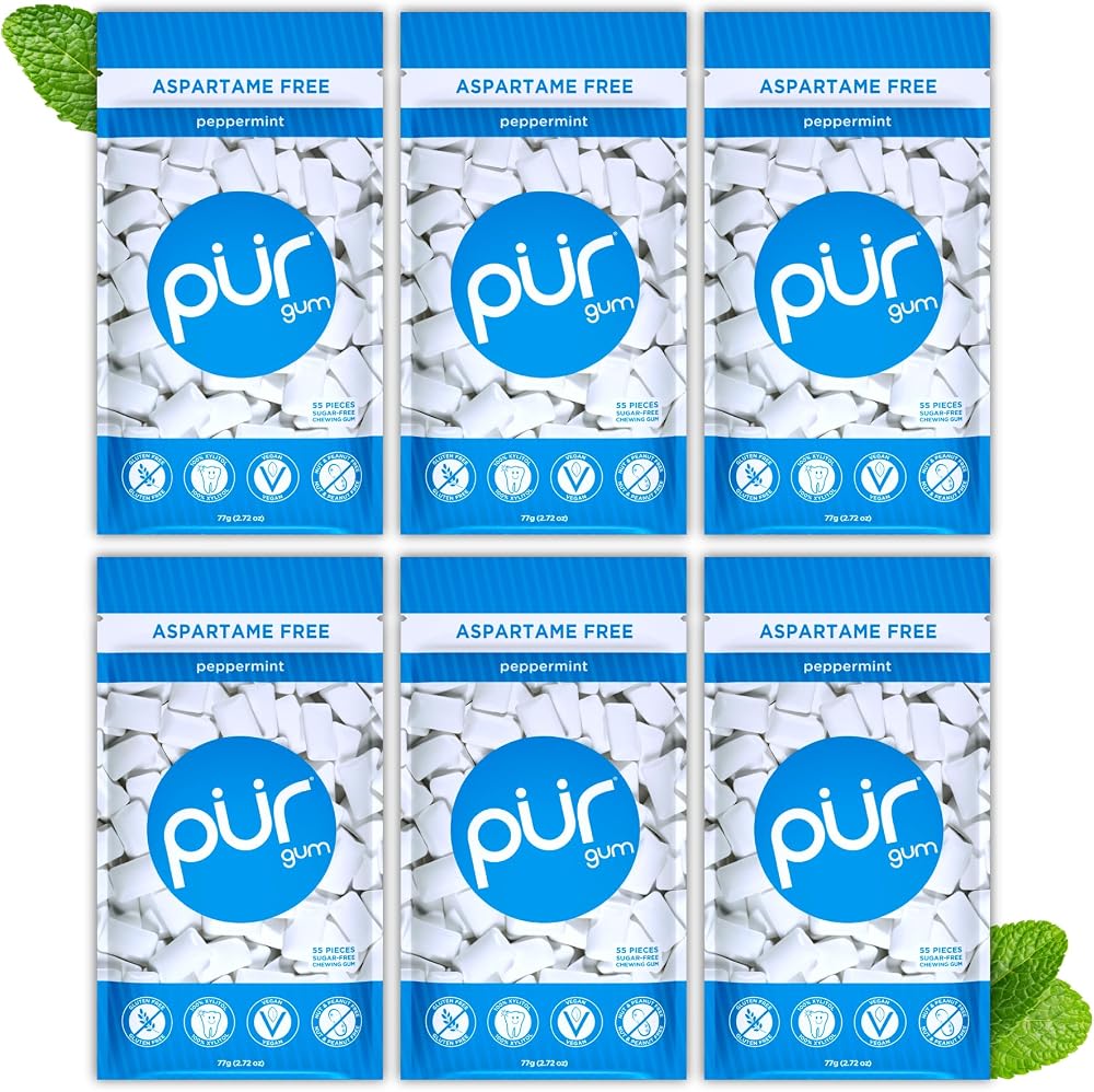 PUR Gum Sugar Free Peppermint Xylitol Vegan Gluten Free Keto 55 Pieces Pack of 6