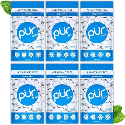 PUR Gum Sugar Free Peppermint Xylitol Vegan Gluten Free Keto 55 Pieces Pack of 6